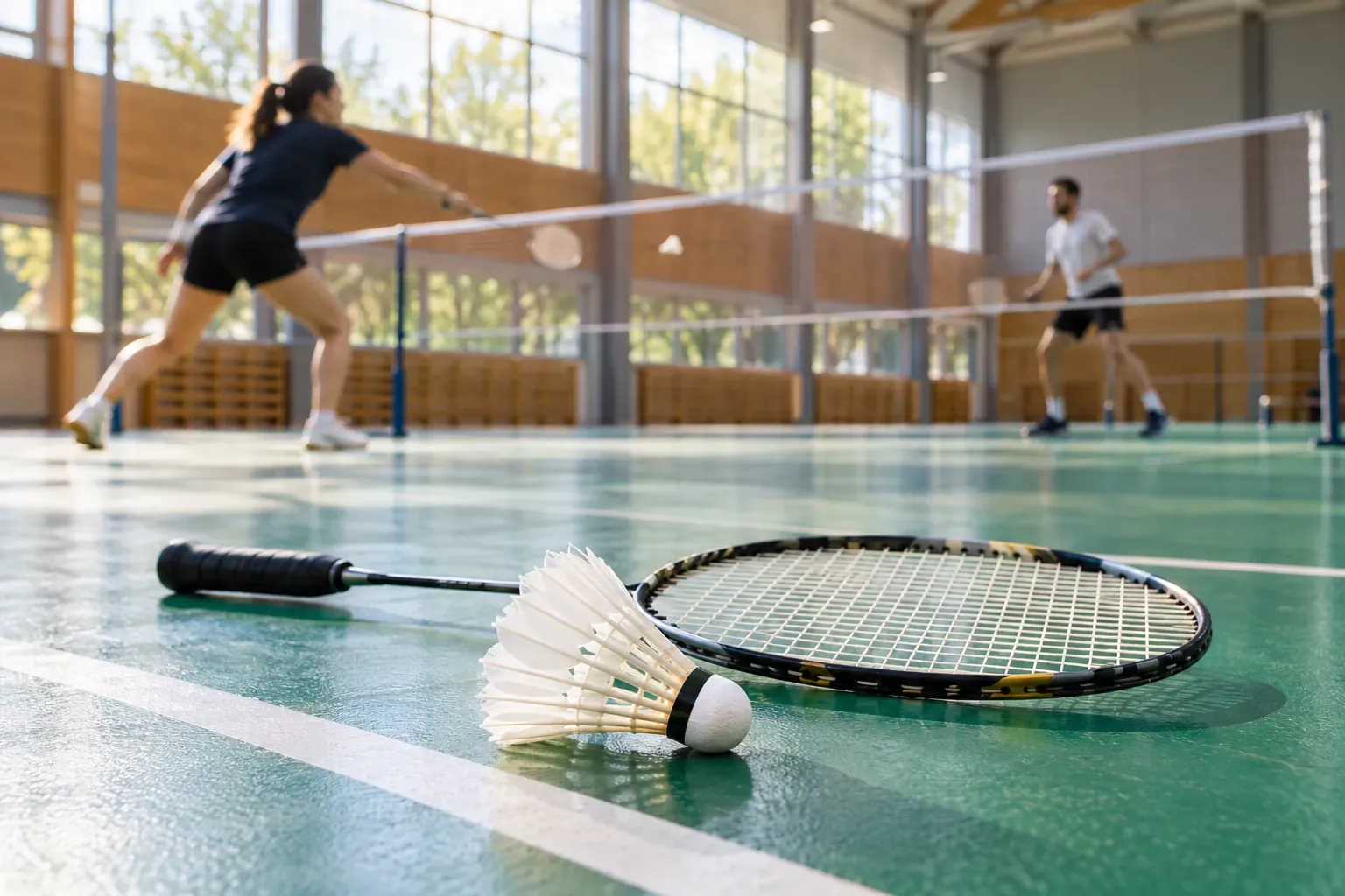 Terrain de badminton dans un gymnase lumineux, raquette et volant en plumes posés au premier plan, joueurs en plein échange au fond